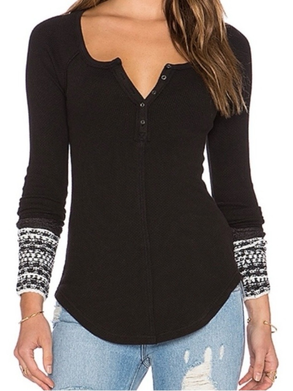 Free People Ski Lodge Cuff Thermal in Black Combo Size Medium